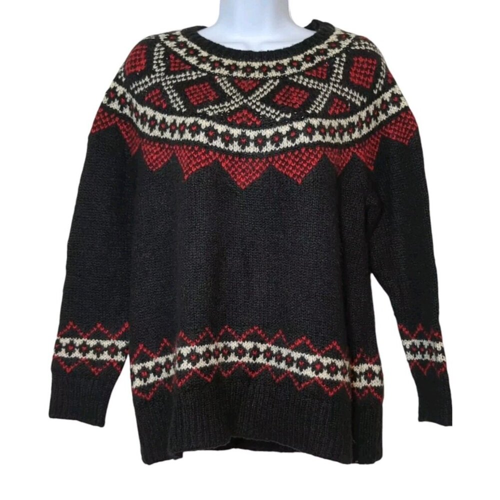 J. JILL Womens PM Sweater Black Nordic Scandinavian Cozy Fair Isle‎ Crew Neck